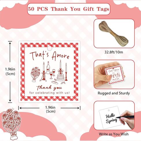 50 قطعة من علامات شكرًا لك ذات طابع إيطالي، ديكورات دش الزفاف بفيونكة من القماش القطني الأحمر، علامات هدايا معكرونة النبيذ للنساء، لوازم تزيين حفلات الزفاف والخطوبة in Kuwait