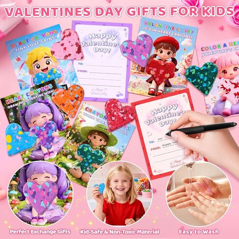 بطاقات عيد الحب من كريولبو للأطفال في الفصول الدراسية، 28 حزمة من أقلام التلوين على شكل قلب، بطاقات عيد الحب للأطفال في المدارس، هدايا عيد الحب للحفلات، جوائز تبادل الفصول الدراسية للبنين والبنات in Kuwait