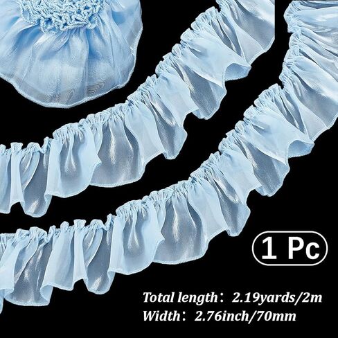 2.75 Inch Blue Ruffled Lace Trim Organza Ruffle Edge Chiffon Applique Trimmings Shimmer Glitter Pleated Gathered Sheer Silk Fabric Ribbon for Sewing Making Crafts Bridal Wedding Dresses DIY in Saudi Arabia