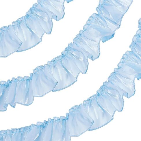 2.75 Inch Blue Ruffled Lace Trim Organza Ruffle Edge Chiffon Applique Trimmings Shimmer Glitter Pleated Gathered Sheer Silk Fabric Ribbon for Sewing Making Crafts Bridal Wedding Dresses DIY in Saudi Arabia