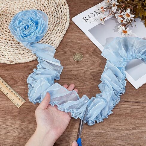2.75 Inch Blue Ruffled Lace Trim Organza Ruffle Edge Chiffon Applique Trimmings Shimmer Glitter Pleated Gathered Sheer Silk Fabric Ribbon for Sewing Making Crafts Bridal Wedding Dresses DIY in Saudi Arabia