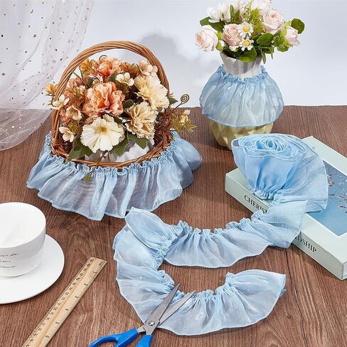 2.75 Inch Blue Ruffled Lace Trim Organza Ruffle Edge Chiffon Applique Trimmings Shimmer Glitter Pleated Gathered Sheer Silk Fabric Ribbon for Sewing Making Crafts Bridal Wedding Dresses DIY in Saudi Arabia