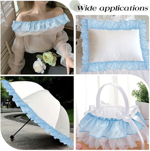 2.75 Inch Blue Ruffled Lace Trim Organza Ruffle Edge Chiffon Applique Trimmings Shimmer Glitter Pleated Gathered Sheer Silk Fabric Ribbon for Sewing Making Crafts Bridal Wedding Dresses DIY in Saudi Arabia