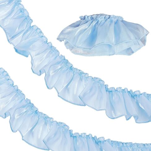 2.75 Inch Blue Ruffled Lace Trim Organza Ruffle Edge Chiffon Applique Trimmings Shimmer Glitter Pleated Gathered Sheer Silk Fabric Ribbon for Sewing Making Crafts Bridal Wedding Dresses DIY in Saudi Arabia
