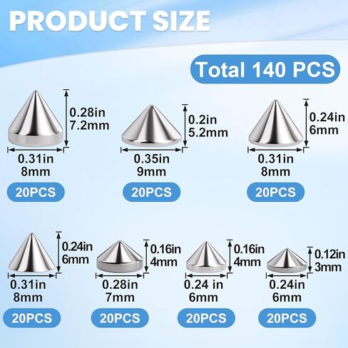 SmallCat 140PCS Silver Spike Cone Studs, Cool Punk Bullet Cone Studs, Spikes for Crafts, DIY Rivets Glue on Leather Clothes, Shoes, Accessories for Daily Life or Special Festivals - 7 Styles in Saudi Arabia