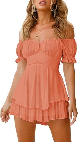 Fixmatti المرأة بوهو رومبير قبالة الكتف الكشكشة الشيفون السراويل بذلة Playsuits in Kuwait