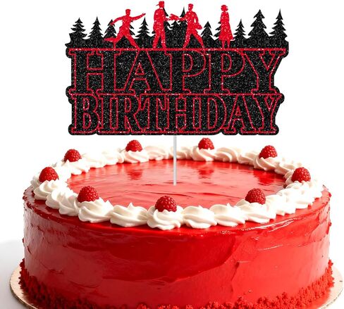 Happy Birthday Cake Topper, Glitter Black & Red Horrific Forest Birthday Cake Topper for Kids Boys Girls Themed Party Favors & Decor Supplies in Saudi Arabia