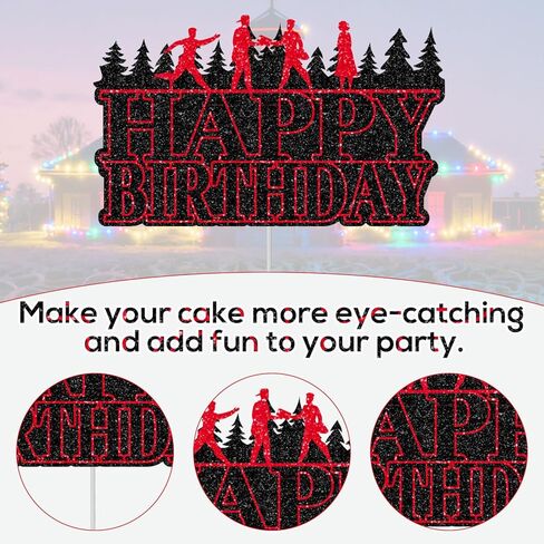 Happy Birthday Cake Topper, Glitter Black & Red Horrific Forest Birthday Cake Topper for Kids Boys Girls Themed Party Favors & Decor Supplies in Saudi Arabia