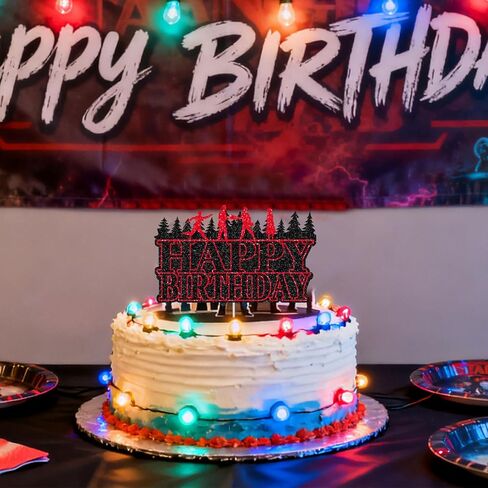 Happy Birthday Cake Topper, Glitter Black & Red Horrific Forest Birthday Cake Topper for Kids Boys Girls Themed Party Favors & Decor Supplies in Saudi Arabia