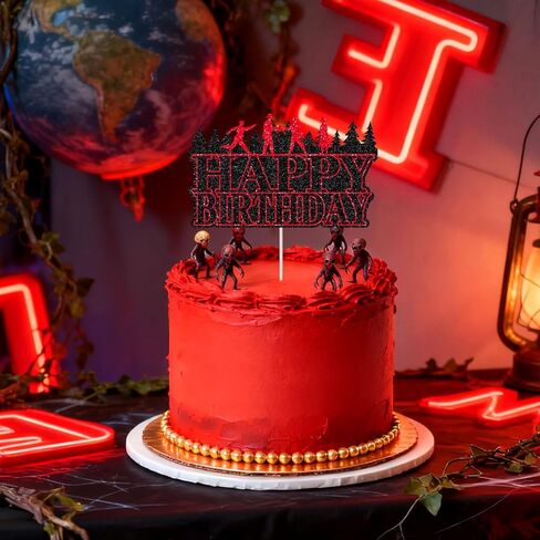 Happy Birthday Cake Topper, Glitter Black & Red Horrific Forest Birthday Cake Topper for Kids Boys Girls Themed Party Favors & Decor Supplies in Saudi Arabia
