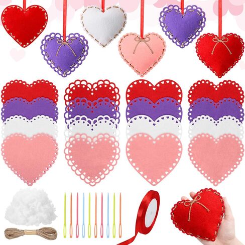Soulchen 16 Sets Valentines Day Hearts Felt Craft Kits Large 5.9 Inch Felt Heart Hanging Ornament with Filling Cotton Rope for DIY Crafts Wall Decorations Valentine's Day Wedding DIY Craft Supplies in Saudi Arabia