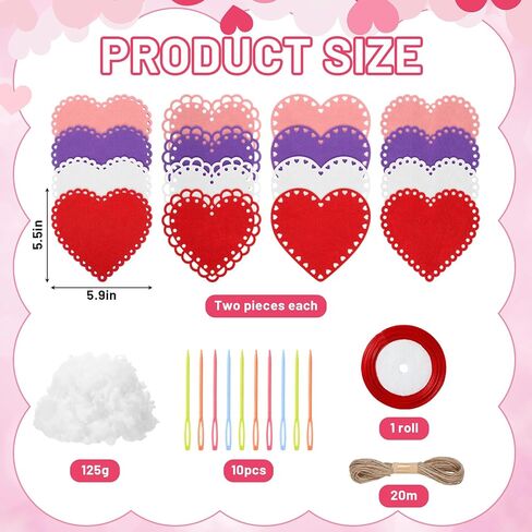 Soulchen 16 Sets Valentines Day Hearts Felt Craft Kits Large 5.9 Inch Felt Heart Hanging Ornament with Filling Cotton Rope for DIY Crafts Wall Decorations Valentine's Day Wedding DIY Craft Supplies in Saudi Arabia
