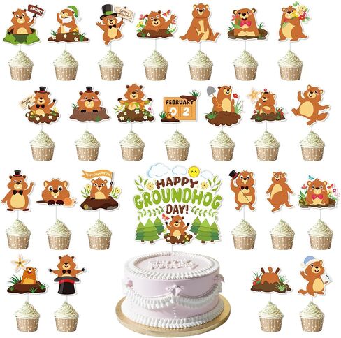 Konsait 25 PCS Groundhog Cupcake Toppers Groundhog Day Decorations Happy Groundhog Day Party Cake Decor Animal Themed Cake Topper Spring Party Supplies in Saudi Arabia