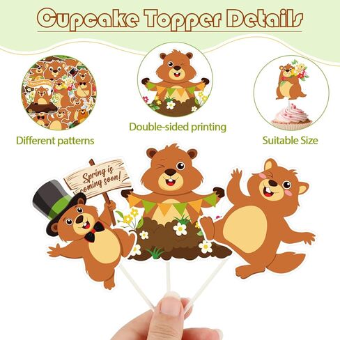 Konsait 25 PCS Groundhog Cupcake Toppers Groundhog Day Decorations Happy Groundhog Day Party Cake Decor Animal Themed Cake Topper Spring Party Supplies in Saudi Arabia