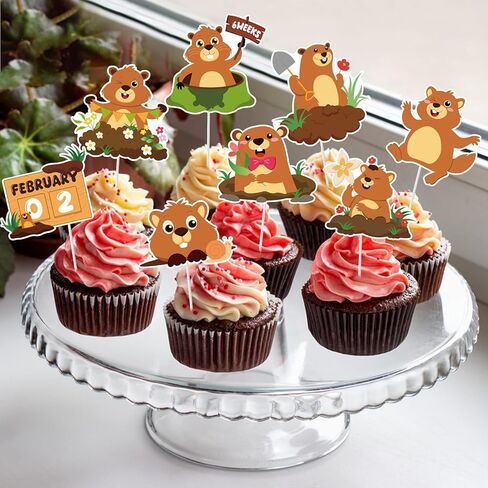Konsait 25 PCS Groundhog Cupcake Toppers Groundhog Day Decorations Happy Groundhog Day Party Cake Decor Animal Themed Cake Topper Spring Party Supplies in Saudi Arabia