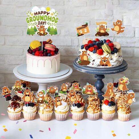 Konsait 25 PCS Groundhog Cupcake Toppers Groundhog Day Decorations Happy Groundhog Day Party Cake Decor Animal Themed Cake Topper Spring Party Supplies in Saudi Arabia