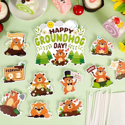 Konsait 25 PCS Groundhog Cupcake Toppers Groundhog Day Decorations Happy Groundhog Day Party Cake Decor Animal Themed Cake Topper Spring Party Supplies in Saudi Arabia