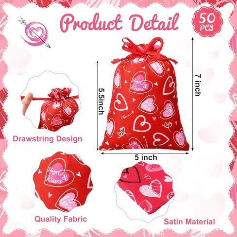 Capoda 50 Pcs Valentines Day Treat Bags Drawstring Candy Bags Valentine Heart Shaped Gift Bag Pouch for Valentine's Day Classroom Exchange Gifts Wedding Party Favor Supplies in Saudi Arabia