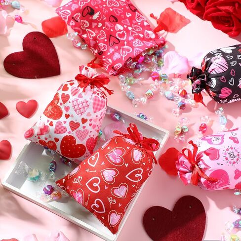 Capoda 50 Pcs Valentines Day Treat Bags Drawstring Candy Bags Valentine Heart Shaped Gift Bag Pouch for Valentine's Day Classroom Exchange Gifts Wedding Party Favor Supplies in Saudi Arabia