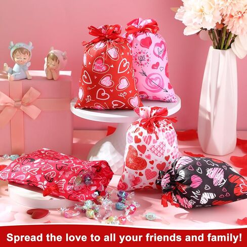 Capoda 50 Pcs Valentines Day Treat Bags Drawstring Candy Bags Valentine Heart Shaped Gift Bag Pouch for Valentine's Day Classroom Exchange Gifts Wedding Party Favor Supplies in Saudi Arabia