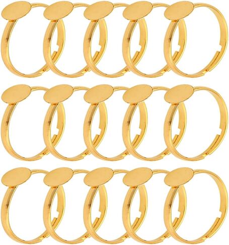 20Pcs Gold Metal Adjustable Blank Rings with 10mm Round Flat Pad Base Finger Ring Trays Components DIY Jewelry Making Kits Accessory in Saudi Arabia