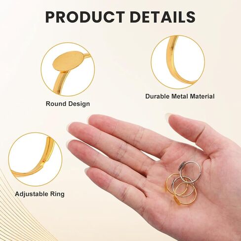 20Pcs Gold Metal Adjustable Blank Rings with 10mm Round Flat Pad Base Finger Ring Trays Components DIY Jewelry Making Kits Accessory in Saudi Arabia