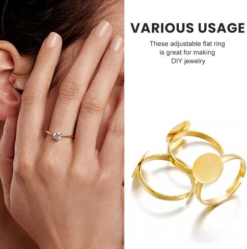 20Pcs Gold Metal Adjustable Blank Rings with 10mm Round Flat Pad Base Finger Ring Trays Components DIY Jewelry Making Kits Accessory in Saudi Arabia