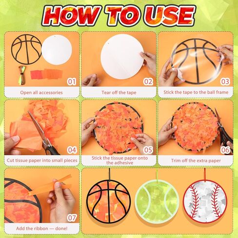 24 مجموعة من الكرات الرياضية لصائد الشمس للأطفال DIY مجموعة مناديل ورقية للنافذة وكرة السلة وكرة القدم والبيسبول وتأثير الزجاج الملون لالتقاط الشمس وديكور معلق للمدرسة والنشاط المنزلي والمشروع الفني in Kuwait