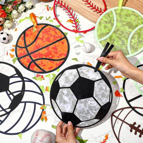 24 مجموعة من الكرات الرياضية لصائد الشمس للأطفال DIY مجموعة مناديل ورقية للنافذة وكرة السلة وكرة القدم والبيسبول وتأثير الزجاج الملون لالتقاط الشمس وديكور معلق للمدرسة والنشاط المنزلي والمشروع الفني in Kuwait