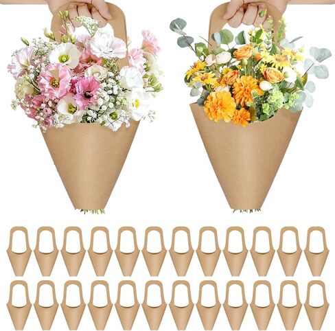 50Pcs Flower Bags for Bouquets, Floral Bouquet Holders with Handle, Flowers Sleeves for Boquet , Floral Kraft Paper Bags 13.8" x 7.5" - Sturdy Flower Wrapping Bag for Valentine's Day, Wedding, Birthday in Saudi Arabia