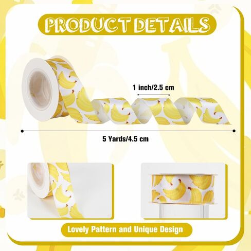 Banana Ribbon 5 Yards 1 Inch Yellow Printed Grosgrain Hair Bow Making Cute Food Fruit Ribbon for Gift Wrapping Wreath Floral Ribbons for Crafts Flower Bouquet Sewing DIY Party Decor Birthday Kitchen in Saudi Arabia