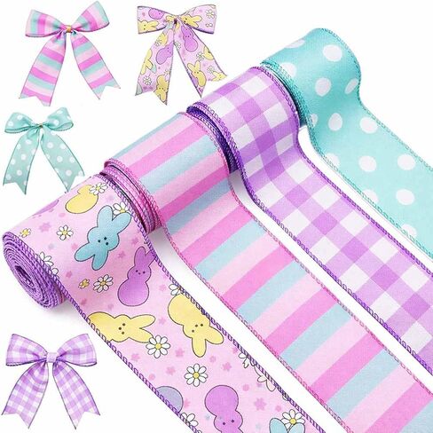 4PCS Easter Wired Ribbon Rolls, Spring Pastel Wired Edge Ribbon for Gift Wrapping, DIY Craft Fabric Ribbons, Holiday Decor, Bunny Ribbon with Wire for Wreaths,20 Yards in Saudi Arabia