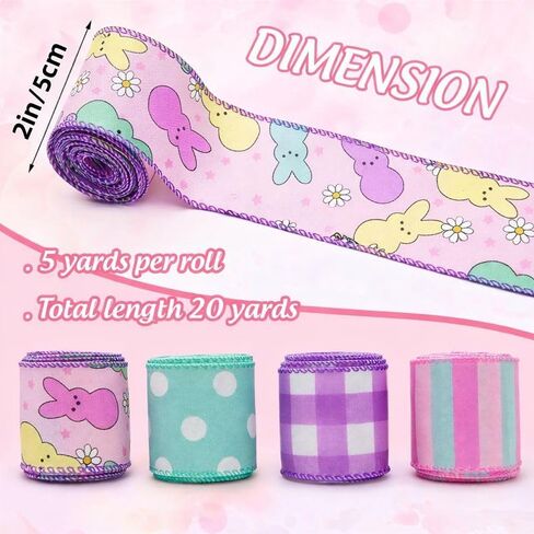 4PCS Easter Wired Ribbon Rolls, Spring Pastel Wired Edge Ribbon for Gift Wrapping, DIY Craft Fabric Ribbons, Holiday Decor, Bunny Ribbon with Wire for Wreaths,20 Yards in Saudi Arabia