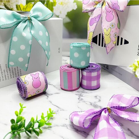 4PCS Easter Wired Ribbon Rolls, Spring Pastel Wired Edge Ribbon for Gift Wrapping, DIY Craft Fabric Ribbons, Holiday Decor, Bunny Ribbon with Wire for Wreaths,20 Yards in Saudi Arabia