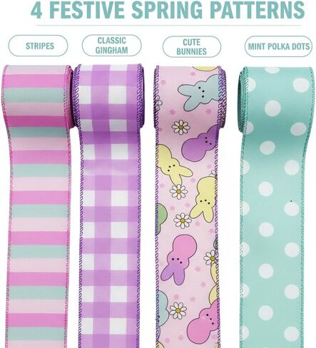 4PCS Easter Wired Ribbon Rolls, Spring Pastel Wired Edge Ribbon for Gift Wrapping, DIY Craft Fabric Ribbons, Holiday Decor, Bunny Ribbon with Wire for Wreaths,20 Yards in Saudi Arabia