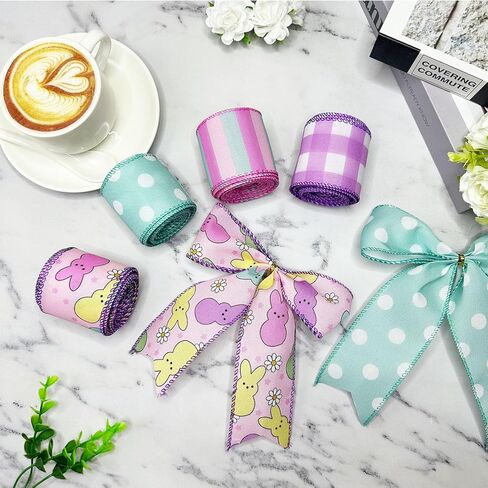 4PCS Easter Wired Ribbon Rolls, Spring Pastel Wired Edge Ribbon for Gift Wrapping, DIY Craft Fabric Ribbons, Holiday Decor, Bunny Ribbon with Wire for Wreaths,20 Yards in Saudi Arabia