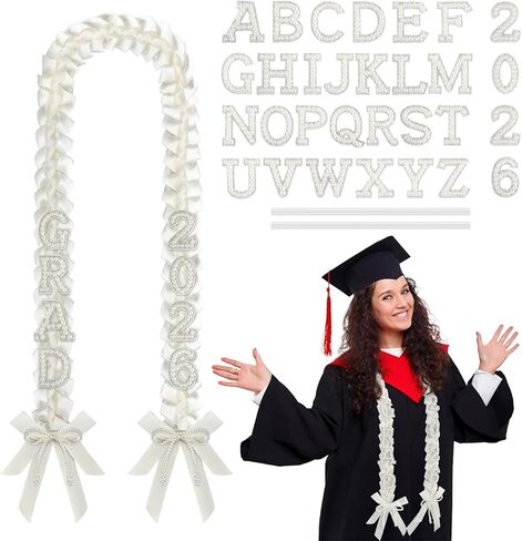 DIY Class of 2026 Graduation Leis with 30 Pearl Patches Letters and Numbers Graduation Money Leis Double Braided Ribbon Necklace for High School College 2026 Grad Party Decor(White) in Saudi Arabia
