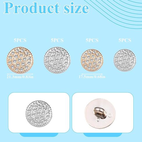 20 Pcs Rhinestone Buttons for Clothing, Silver Gold Rhinestone Buttons, 4 Sizes Round Button Crystal Diamond Embellishments Sew on Clothing Decorative Button for Wedding DIY Jewelry Making Decoration in Saudi Arabia