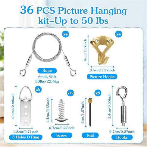4 Pack Picture Hanging Wire Kit, Heavy Duty Picture Hanging Kit for Frames & Mirrors up to 50lbs, Includes Adjustable 2m Steel Wires, D Rings & Screws, Wall Hanging Kit for Home & Office Décor in Saudi Arabia
