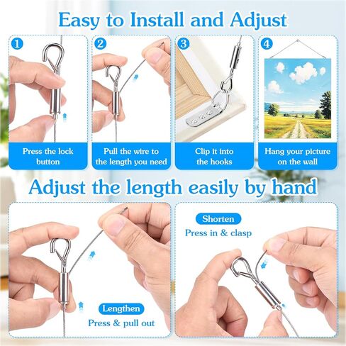 4 Pack Picture Hanging Wire Kit, Heavy Duty Picture Hanging Kit for Frames & Mirrors up to 50lbs, Includes Adjustable 2m Steel Wires, D Rings & Screws, Wall Hanging Kit for Home & Office Décor in Saudi Arabia