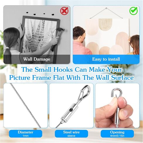 4 Pack Picture Hanging Wire Kit, Heavy Duty Picture Hanging Kit for Frames & Mirrors up to 50lbs, Includes Adjustable 2m Steel Wires, D Rings & Screws, Wall Hanging Kit for Home & Office Décor in Saudi Arabia