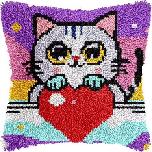 Miaceito Colored Cat Latch Hook Kits for Adults Beginners,DIY Pre-Printed Latch Hook Pillow Kits Includes Wooden Hook Tool,17x17 Inch Home Decor Sofa Cushion in Saudi Arabia
