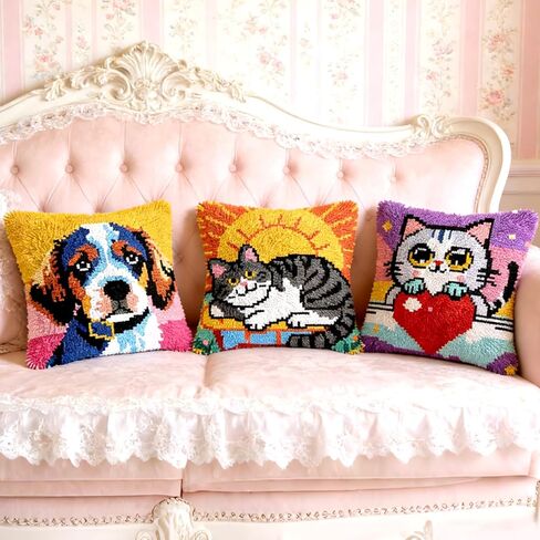 Miaceito Colored Cat Latch Hook Kits for Adults Beginners,DIY Pre-Printed Latch Hook Pillow Kits Includes Wooden Hook Tool,17x17 Inch Home Decor Sofa Cushion in Saudi Arabia