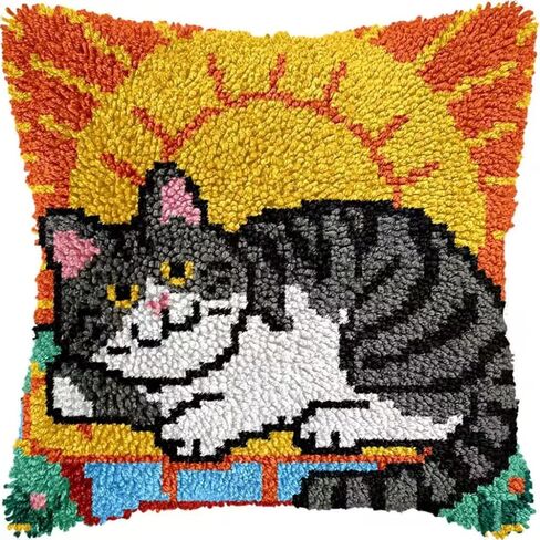 Miaceito Colored Cat Latch Hook Kits for Adults Beginners,DIY Pre-Printed Latch Hook Pillow Kits Includes Wooden Hook Tool,17x17 Inch Home Decor Sofa Cushion in Saudi Arabia