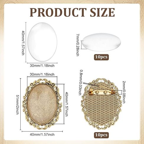 PH PandaHall 10 Sets Oval Brooch Cabochon Setting Vintage Oval Cabochons Bezel Photo Brooch Blank Bezel with Clear Glass Cabochon for Jewelry Making Christmas DIY Lapel Pins Gifts, 30x40mm in Kuwait