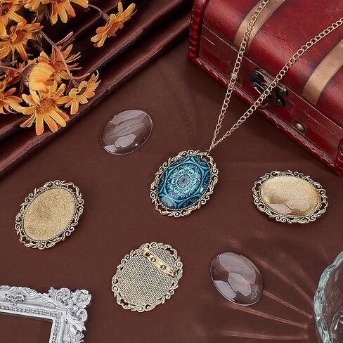 PH PandaHall 10 Sets Oval Brooch Cabochon Setting Vintage Oval Cabochons Bezel Photo Brooch Blank Bezel with Clear Glass Cabochon for Jewelry Making Christmas DIY Lapel Pins Gifts, 30x40mm in Kuwait