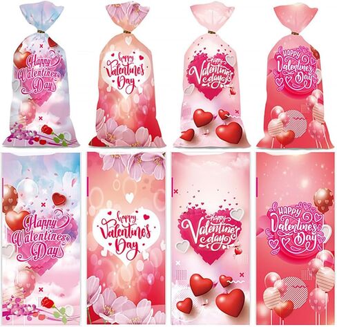 AUOCATTAIL Valentine's Day Cellophane Treat Bags Red Pink Heart Candy Cookie Bags Treats Bags Happy Valentine's Day Patterned Plastic Wrap Gift Bag for Wedding Anniversary Party Supplies 50 Pcs in Saudi Arabia