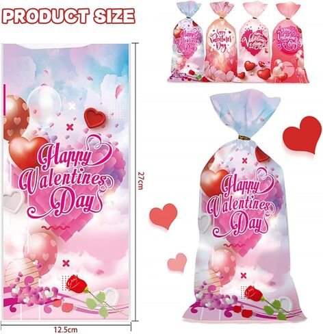 AUOCATTAIL Valentine's Day Cellophane Treat Bags Red Pink Heart Candy Cookie Bags Treats Bags Happy Valentine's Day Patterned Plastic Wrap Gift Bag for Wedding Anniversary Party Supplies 50 Pcs in Saudi Arabia