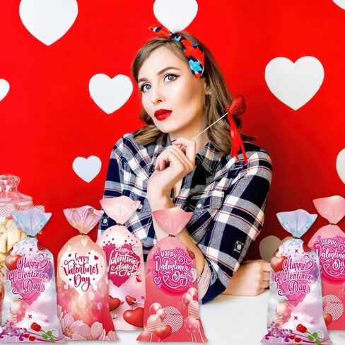 AUOCATTAIL Valentine's Day Cellophane Treat Bags Red Pink Heart Candy Cookie Bags Treats Bags Happy Valentine's Day Patterned Plastic Wrap Gift Bag for Wedding Anniversary Party Supplies 50 Pcs in Saudi Arabia