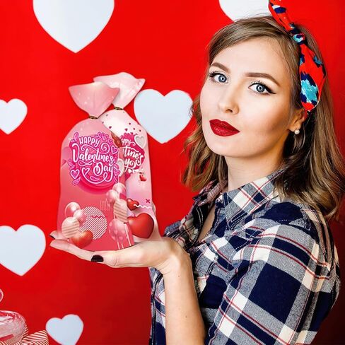 AUOCATTAIL Valentine's Day Cellophane Treat Bags Red Pink Heart Candy Cookie Bags Treats Bags Happy Valentine's Day Patterned Plastic Wrap Gift Bag for Wedding Anniversary Party Supplies 50 Pcs in Saudi Arabia